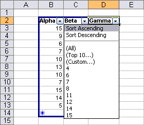 Data in columns can be sorted or filtered