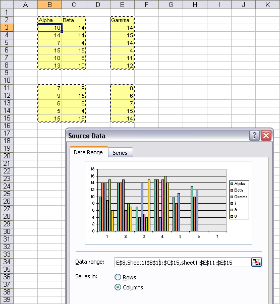 Excel dialogs accept a properly formed discontiguous range