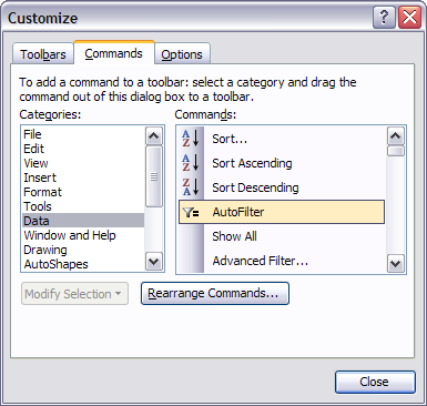 AutoFilter command in the Customization dialog