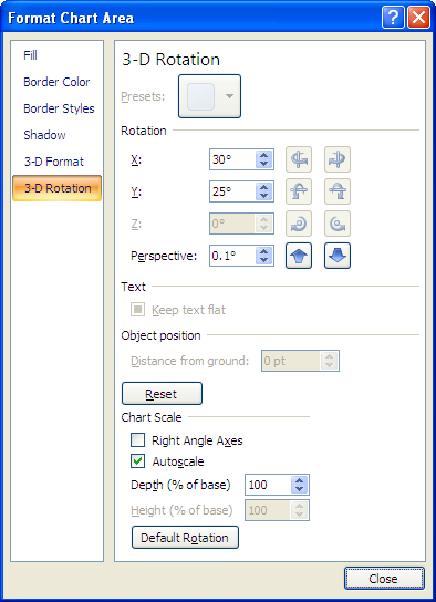 Excel 2007 3D ビュー ダイアログ