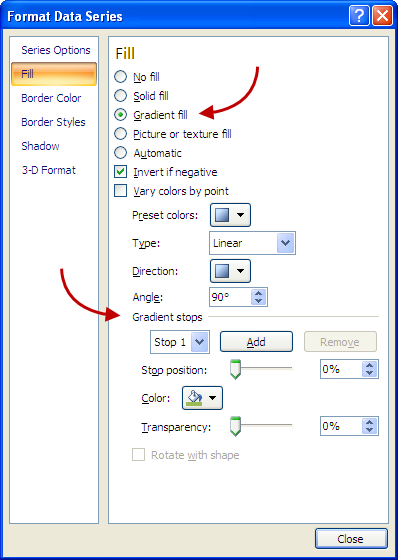 Excel 2007 Dialog Showing Simple Gradient Step 1