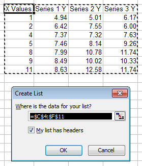 Excel 2003 Create List Dialog