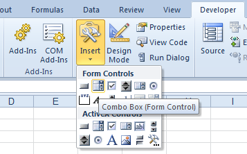 Developer Tab: Forms Combo Box Control