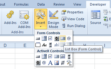 Developer Tab: Forms List Box Control