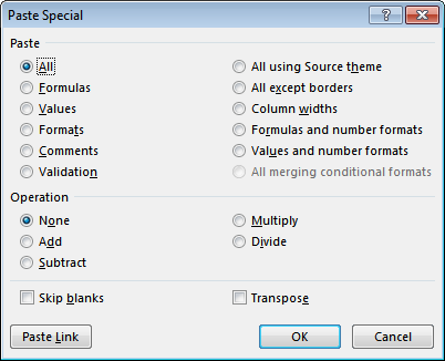 Paste Special Dialog for Worksheet Data