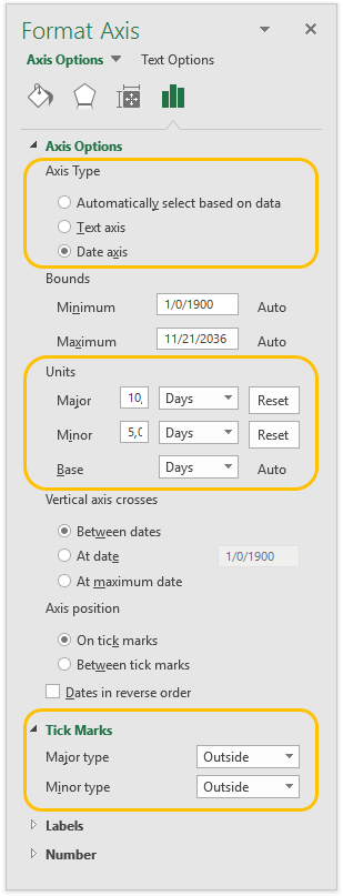 Format Axis Task Pane for Horizontal Axis