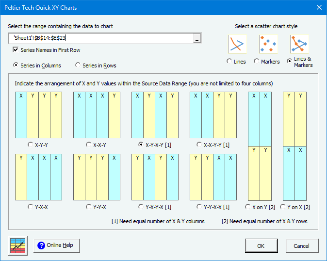 Peltier Tech Charts for Excel - Quick XY Charts Dialog