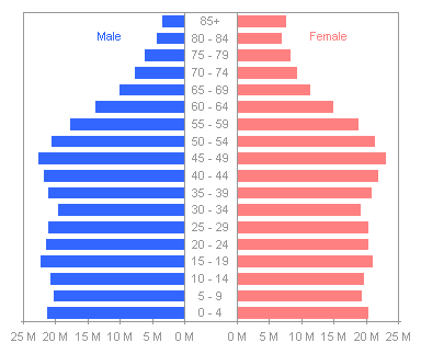 Tornado chart of US male and female population by age group
