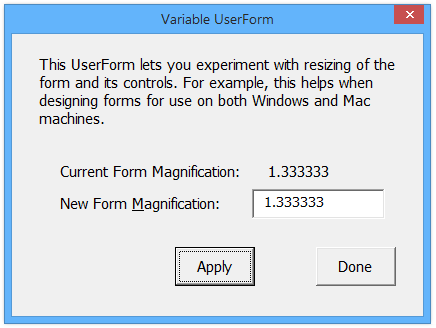 resize a userform in excel 2011 for mac