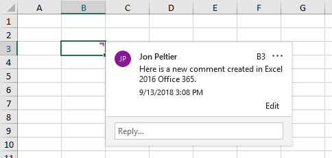 A Threaded Comment in Excel 2016