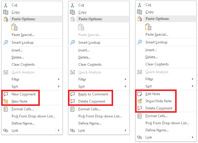 cant insert comment excel 2016