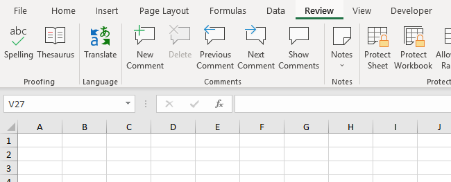 Review Tab in Excel 2016 Ribbon