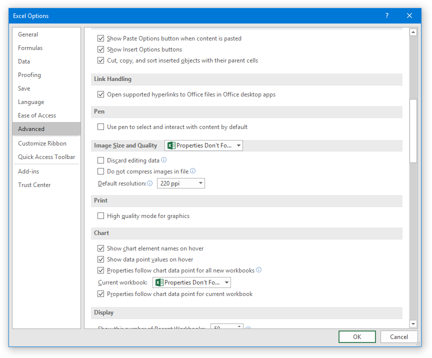 Excel Options - Properties Follow Data Points