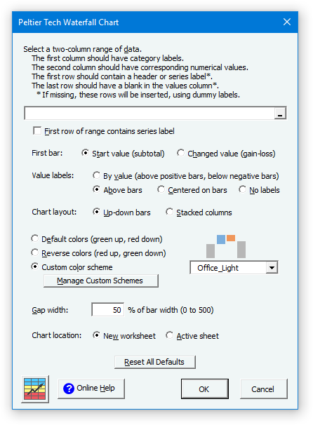 Peltier Tech Waterfall Chart Dialog