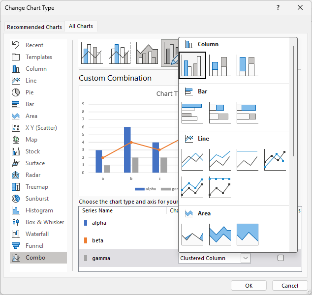 Change Series Chart Type Popup