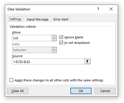 Data validation dialog to create a dropdown list in the chart staging area