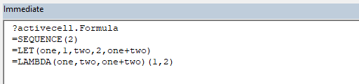 Modern Excel formulas in the VBIDE's Immediate Window