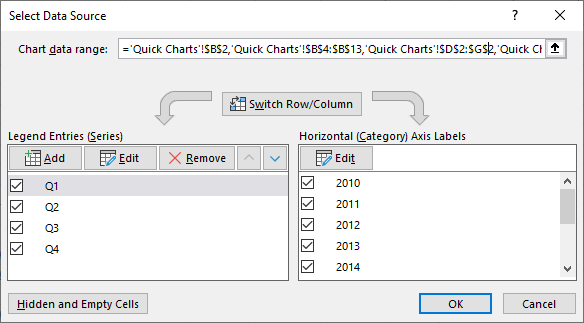 Select Data Source Dialog for Discontiguous but Otherwise Uniform Rectangular Chart Data