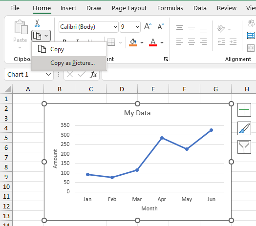 Copy Picture command in the Excel Ribbon