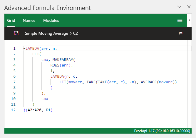 Advanced Formula Environment showing the Simple Moving Average Lambda formula.