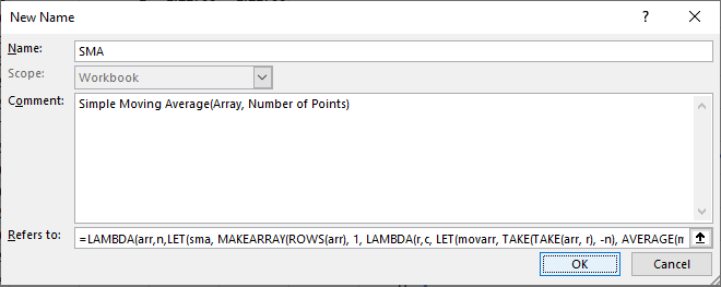 Simple Moving Average defined in the New Name dialog.