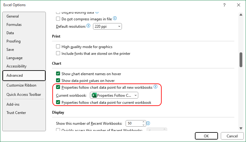 Excel Options - Properties Follow Data Points